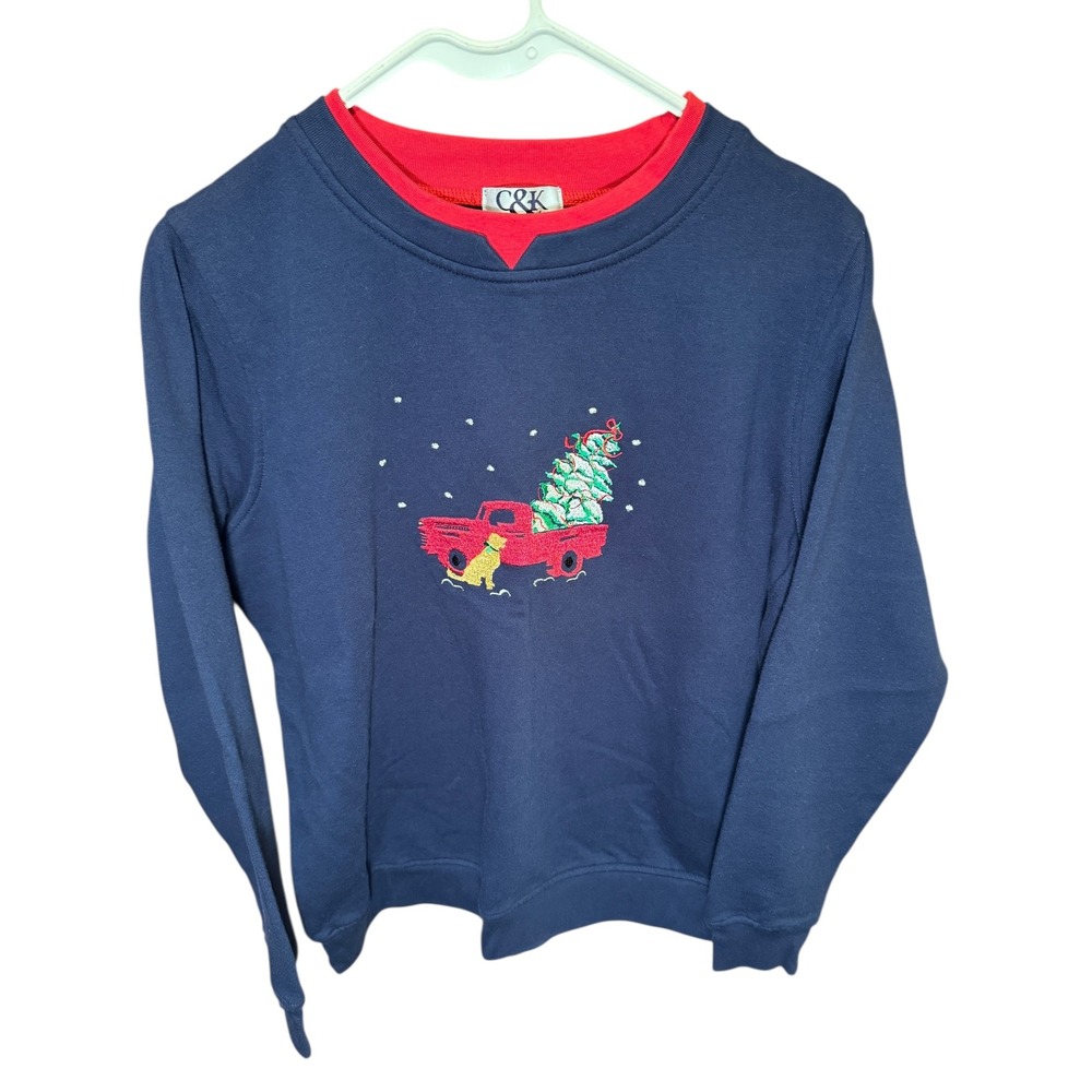 Cute Womens Blue Christmas Tree Truck Dog Embroidered Crewneck Sweatshirt S
